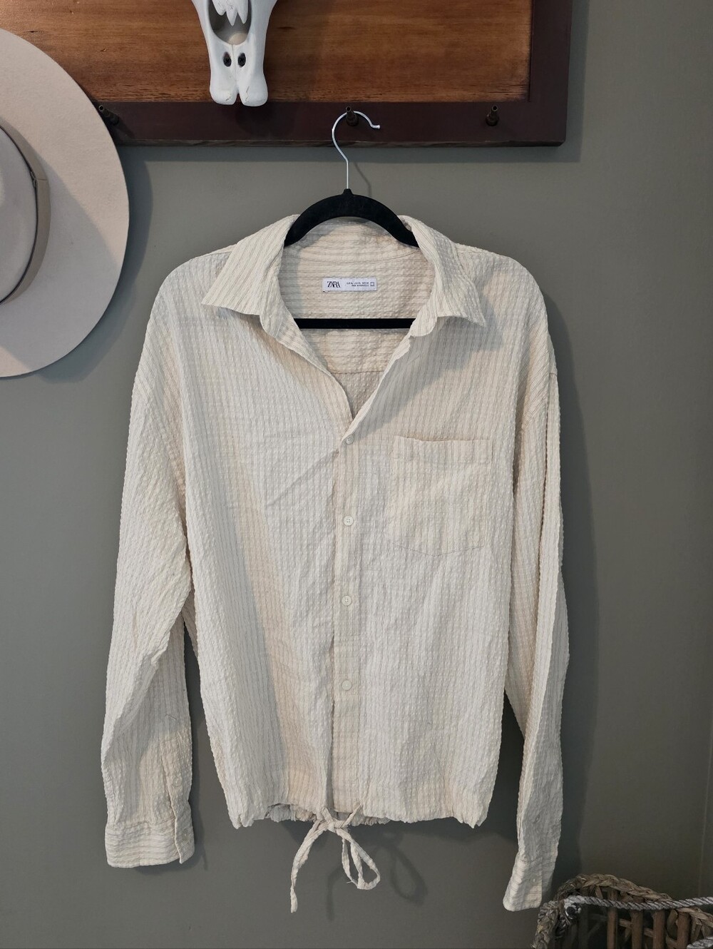 Zara Striped Woven Button Up Shirt Drawstring Business Casual Festival Autumn
